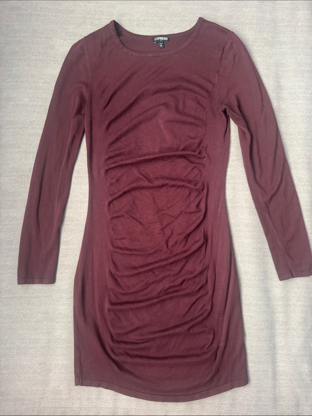 Express Ruched Long Sleeve Bodycon Dress - Burgundy